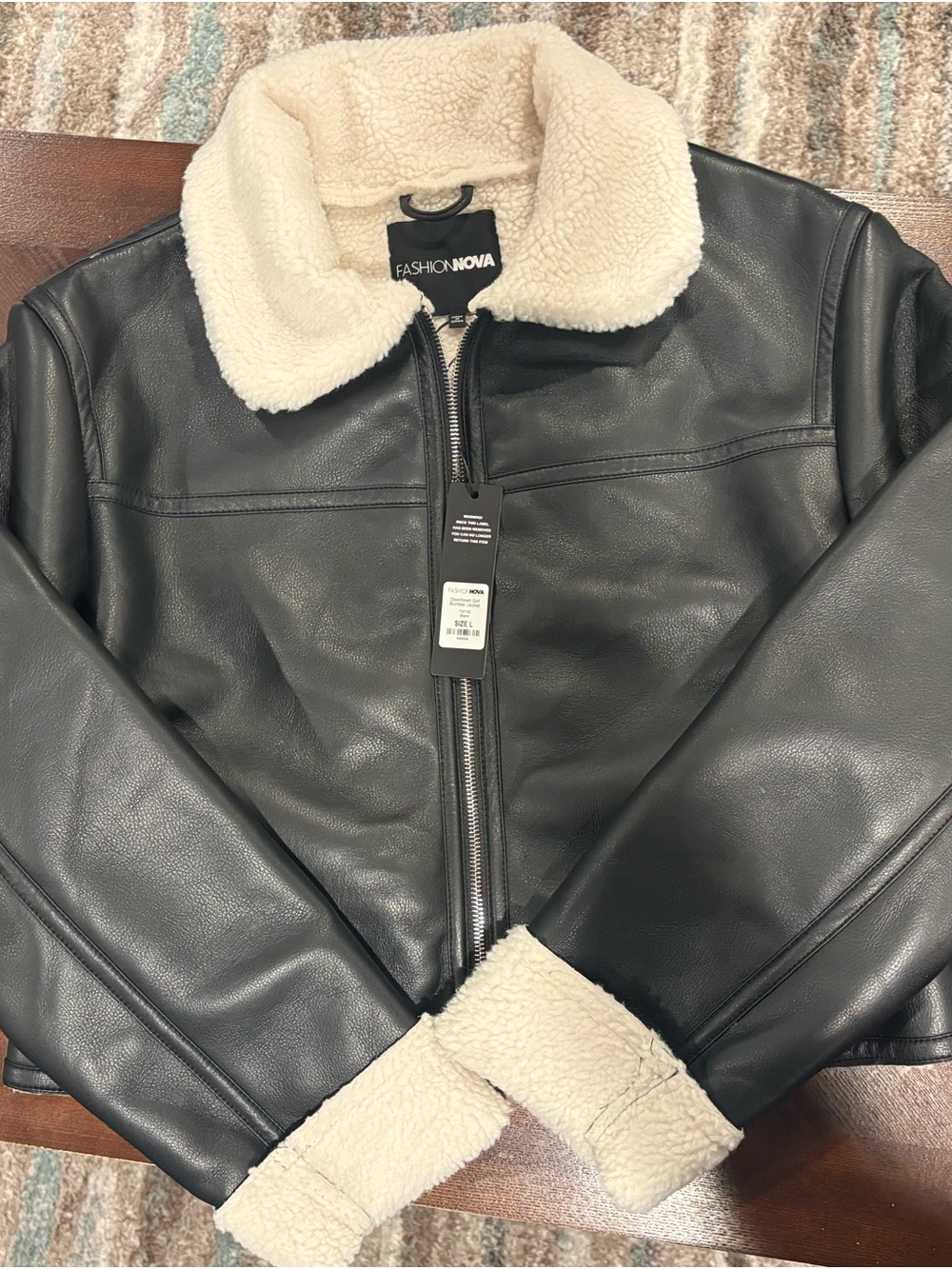 Fashion Nova Downtown Girl Faux Leather Bomber Jacket Sherpa Trim Size Large NWT